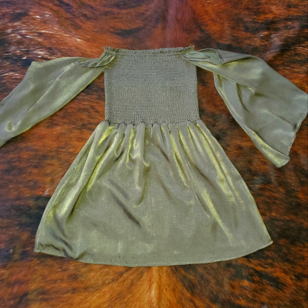 Olive green silky off the shoulder mini dress